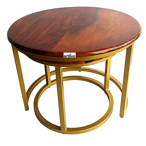 Image of Artlivo Solid Sheesham Wood Round Coffee Table - Set of 2 (22 /17 inch Dia) for Living|Drawing|Bedroom|Office|Balcony|Gift|Diwali|Wedding