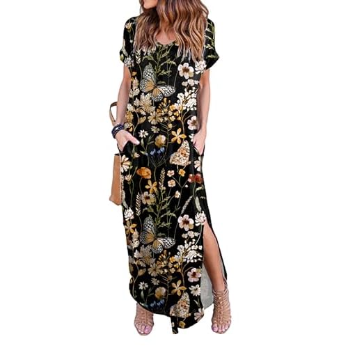 HUSKARY Women's Summer Maxi Dress Casual Loose Pockets Long Dress Short Sleeve Split Maxi Dresses Medium Mixed Print