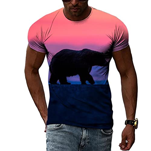ZHEHUA Camiseta roja de Verano con patrón de Oso Animal para Hombre, Camiseta Informal de Manga Corta con Estampado 3D de Harajuku con Personalidad y Cuello Redondo
