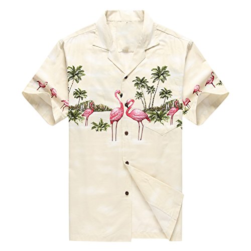 Made In Hawaii Men's Hawaiian Shirt Aloha Shirt S Pink Flamingos Cream #TOP21