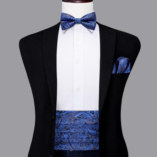 Image of Dubulle Mens Cummerbund and Bow Tie Set Paisley Floral Pretied Bowties for Men Pocket Square Cufflinks Wedding Business