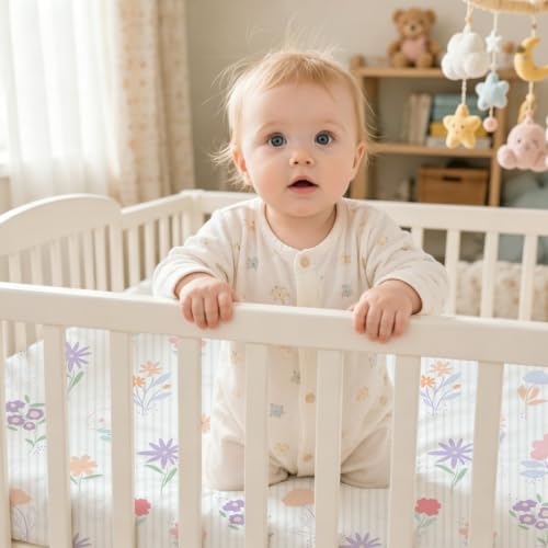 Image of Plushii 4PK Girls Crib Sheets, Microfiber Mattress Cover, Botanical Garden | Fits standard crib & toddler beds (52x28 inch). Soft, breathable cover with plane patterns for boys and girls.