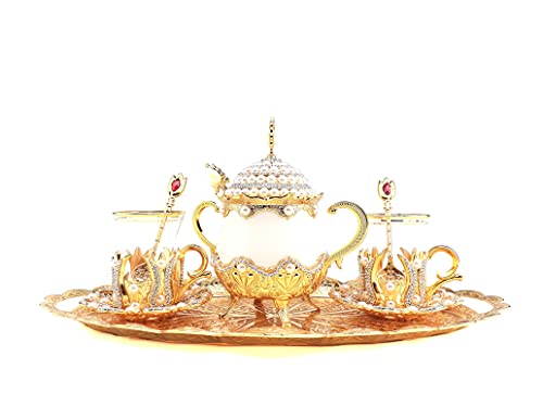 Coppereagles Luxurious Copper And Brass Elegant All In One Serving Set Tea Pot Decorated With Crystals And Pearls Resistant To High Temperatures Porcelain Tea Set #TOP4