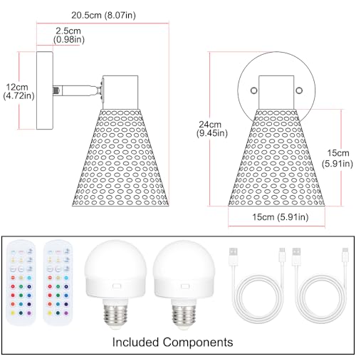 Image of Modern Battery Operated Wall Sconces Set of Two, Black Rechargeable Sconces with Metal Shade, Dimmable Wireless Wall Light Fixture with Remote Control for Bedroom Hallway Vanity(Include 2 RGB Bulbs）