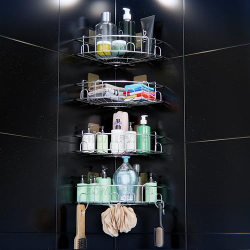Image of Kitchen Corner Rack Organizer & Bathroom Organiser Without Drill|Self Adhesive Corner Hanging Stand | Wall Mounted Rack & Shelf for Kitchen Sink and Bathroom Walls (R Silver, Pack of 4)