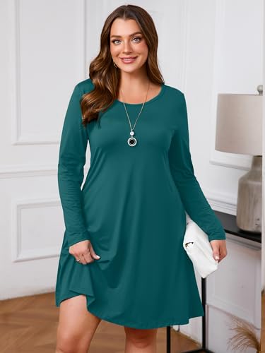 AusLook Women's Plus Midi Dress Long Sleeve Crew Neck A-Line Casual Swing Flowy Floral Vacation Boho Fall Maternity Wedding Guest Work Indigo Blue 5X 2025 Dresses — view 2
