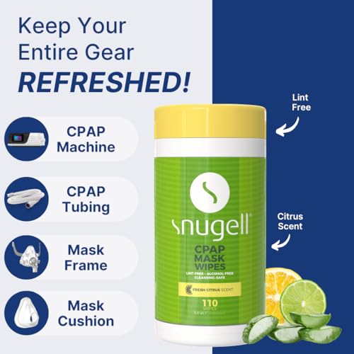 Image of Snugell Citrus Scented CPAP Mask Wipes - 110 Count - 100% Soft Cotton, Lint-Free, Alcohol-Free - Skin-Safe Formula with Aloe Vera - Easy-Open Canister for Cleaning CPAP Masks, Tubes, and Devices