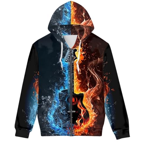 Photo de ENLACHIC Sweat à capuche zippé imprimé 3D loup galaxie pour homme avec poches, Guitare Ice Fire, X-Small