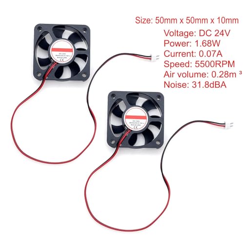 JZK 2stk 50x50x10 mm Mini-Lüfter DC 24V mit Kabeln - 2-Polig Bürstenloser PC-Gehäuse und 3D-Drucker Lüfter - Klein, Leise mit Kabel und Stecker