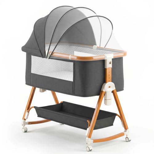 Spacelog 3 in 1 Baby Bassinet Bedside Sleeper - Adjustable Height Bedside Bassinet with Rocking Mode, Thick Mattress, Incline Setting, Mosquito Net & Toy Arch, for Newborns and Infants