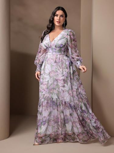 Image of Spring Summer 2024 Plus Size Womens Dresses V Neck Casual Elegant Long Sleeve Floral Print Maxi Dress