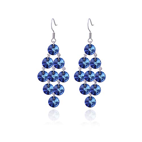 Blue Crystal Earring Sterling Silver Bermuda Blue Zirconia Chandelier Earrings for Women Big Long Statement Cubic Zircon CZ Cluster Filigree Dangle Drop Earrings for Wedding