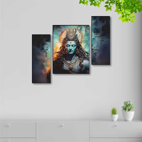Image of SAF Lord Shiva Wall Painting - 3 Panel Spiritual Artwork | Mahadev Meditation Pose with Divine Aura | Hindu Devotional Wall Decor for Living Room, Bedroom, Pooja Room (20 x 12 Inch) JM-36109