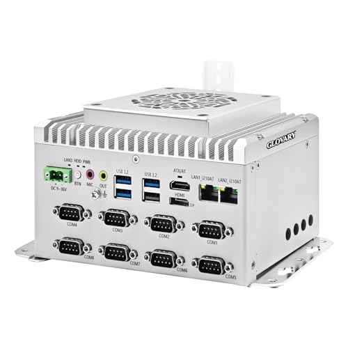 Glovary F1 Industriel Fanless Mini PC i7 1255U (10C12T, up to 4.7GHz), Micro Ordinateur Din Rail, Barebone, 2 x Gigabit LAN, 8 x RS232 COM, HD DP Dual Display, 3USB3.2, 9-36V Auto Power on