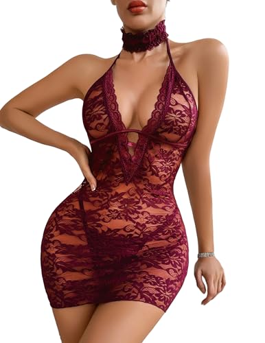 Image of Avidlove Women Babydoll Lingerie Lace Chemise Halter Nightwear Teddy Dress