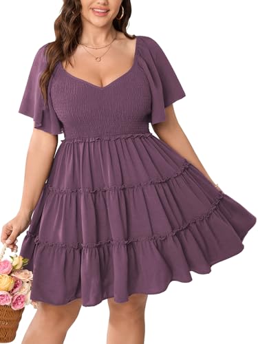 Image of SHESTARR Womens Plus Size Casual Mini Dress Sweetheart Neckline Short Flutter Sleeve Smocked A Line Tiered Ruffle Dresses