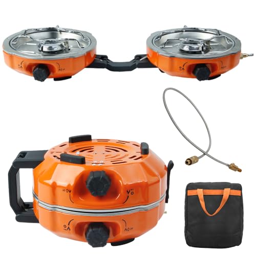 Estufa de camping portátil plegable de 2 quemadores con quemadores ajustables y estufas de gas dobles de encendido piezoeléctrico para portón trasero, camping, barbacoa