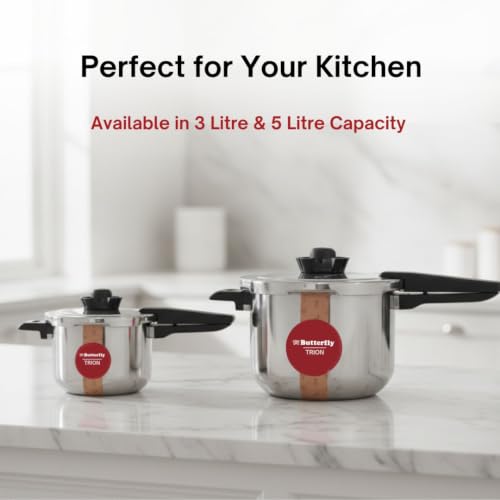 Image of Butterfly Trion Triply 3L Pressure Cooker |Induction Base| Halo Crown Spill Filter | Patented Pressure Lock Handle(4th Level Safety) | 5 Year Warranty