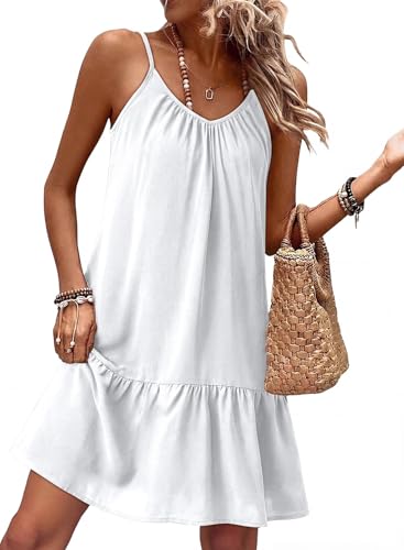 Image of Dokotoo Summer Dresses for Women 2026 Spaghetti Strap Sexy Deep V Neck Smocked Ruffle Flowy Boho Dresses