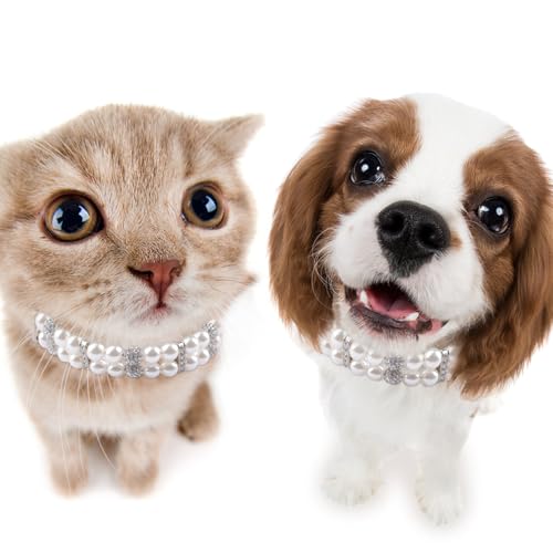 HACRAHO Pearl Hundeleine und Halsband, 2 Stück, für Hunde und Katzen, mit Perlen, verstellbar, mit Strasssteinen für Hunde, Katzen, Welpen