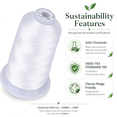 Image of Simthread 5000M 40WT Polyester Embroidery Thread, Raw White RW001 | 5000M 40WT polyester thread feeds smoothly for machine embroidery, monograms, logos, patches and quilting.