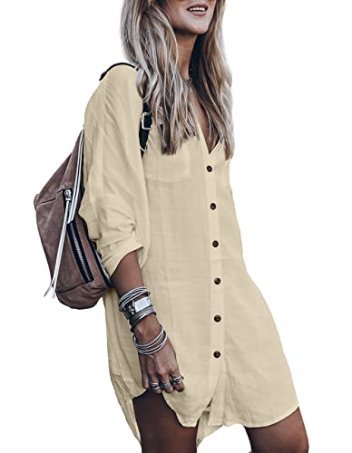 Image of Women's Swimsuit Cover up,Silky Button Down Shirt Midi Dress Kimono,Summer Bathing Suit Beach Coverups for Women (CP-Aline)