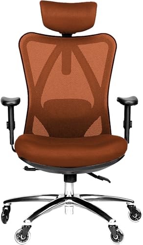 Image of Duramont Ergonomic Office Chair - Adjustable Desk Chair with Lumbar Support and Rollerblade Wheels - High Back Chairs with Breathable Mesh - Thick Seat Cushion, Head, and Arm Rests - Brown
