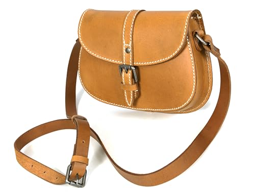 Crossbody Bag for Women, Tan Saddle Leather Bag with Contrast Stitching