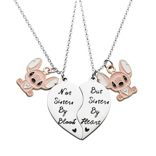JINGMARUO Matching Heart Necklace with Stitch Charm for 2 Best Friends Long Distance Friendship Gift for BFF Bestie (Not Sister By Blood)