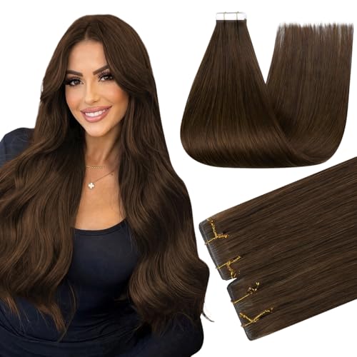 Image of Full Shine Injected Tape in Hair Extensions Human Hair,4 Medium Natural Brown,22Inch 50G 20Pcs,Seamless Invisible Skin Weft Hair Extensions for Daily Wear,Thick End,Natural Finish