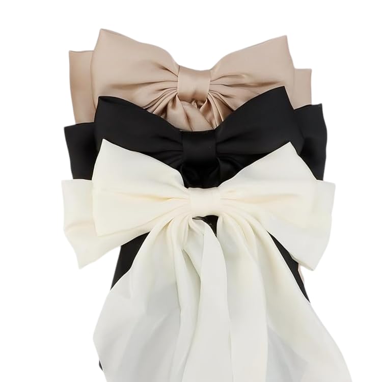 Image of FilterFashion Big Satin Layered Hair Bows for Women Girls 11.5 Inch Barrette Hair Clip Long Back Ribbon Bows French Style Hair Accessories (Black,Cream,Gold)