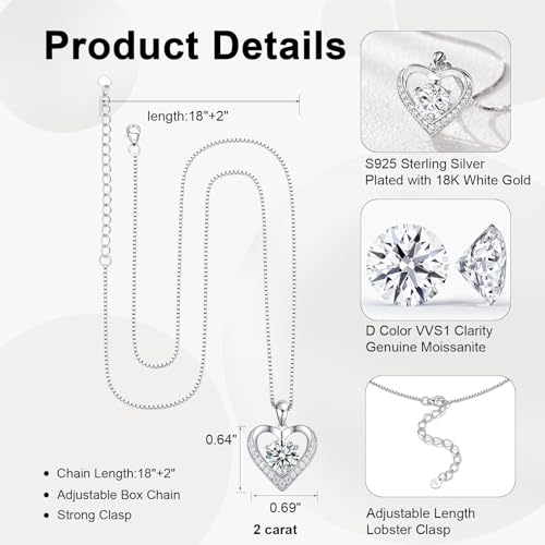 Image of Moissanite Necklace for Women, Heart Pendant Engraved 'I Love You' Gifts for Wife, Valentine's Day Gift Anniversary Eternity Birthday Present Sterling Silver Jewelry for Her