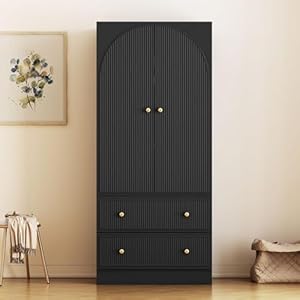 QHITTY Freestanding Bedroom Armoire Wardrobe with 2 Drawers Bedroom Chest Clothes Storage with Clothing Rod and 2 Storage Doors for Bedroom Living Room Black