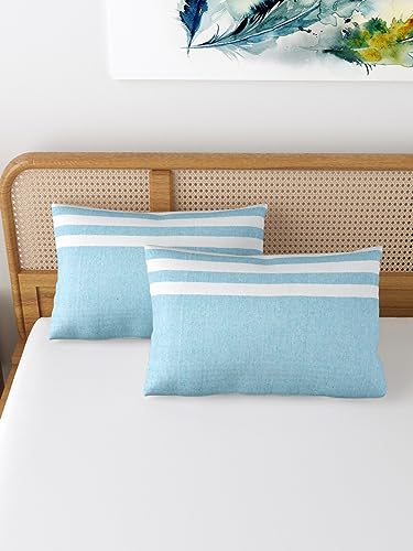 Image of 180 TC Pillow Cover Set of 2 | Pillow Cover Cotton 100% | Pillow Cover Set of 2 King Size | Wrinkle Free & Fade Resistance | Striped Pattern | Standard Size | All Season Use (Sky Blue)