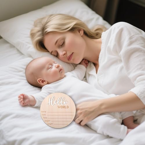 Image of Wooden Baby Announcement Sign, 5.9 Inch Hello World Newborn Sign, Hospital Birth Stat Plaque, Hospitals, Homes, Nurseries, Suitable for Newborn Boys and Girls, Birth Souvenir (White)