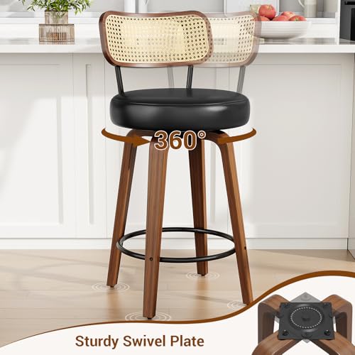 Image of YaFiti Swivel Bar Stools, 26 inch Upholstered Barstools with Rattan Backs and Wood Legs, Modern PU Leather Counter Height Bar Chairs for Kitchen Island, Black
