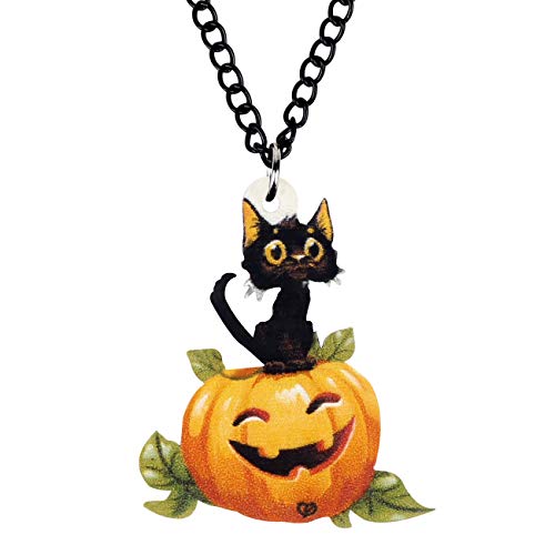NEWEI Acrylic Halloween Pumpkin Cute Black Cat Necklace Chain Charm Pendants Punk Jewelry for Women Festival Gift