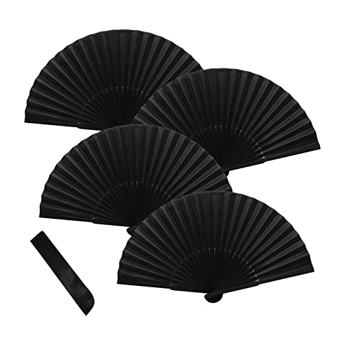 Hand Fan Folding,Fabric Hand Fan,4 Pcs Black Folding Fan,Chines/Spanish Handheld Fans for Dancing Cosplay Props Wedding Party Home Decorations Birthday Gifts (Black-4pcs)