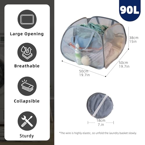 Image of Collapsible Laundry Basket 90L, Foldable Mesh Pop-up Laundry Hamper with Handles, Dirty Clothes Hamper for Laundry with Side Storage Pocket(Gray, 2PCS)