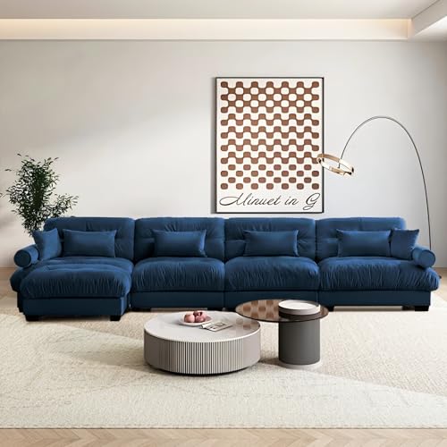 Image of SoarFlash Sectional Couches for Living Room, L Shaped Sofa Couch with Velvet Fabric, 4 Seat Modern Sofa with Ottoman, Removable Pillows for Apartment, Blue