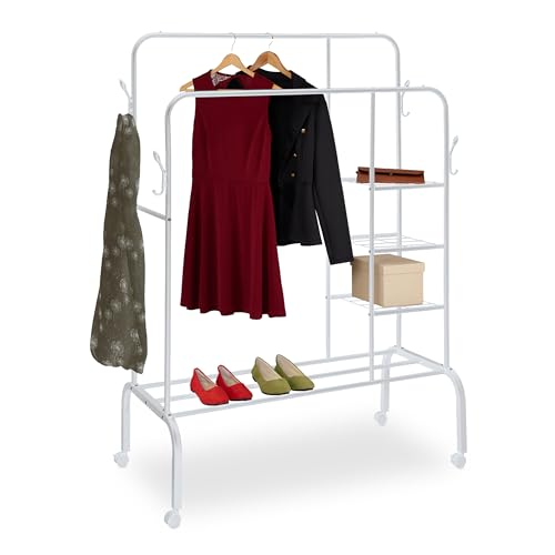 Relaxdays Klädställ, dubbelstång med hjul och hyllor, H x B x D: 154 x 110 x 55 cm, stabil, garderob metall, vit