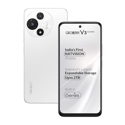 Image of Alcatel V3 Classic 5G (Halo White, 4GB+128GB) | India's 1st NXTVISION Display | 50MP AI Dual Camera | NFC, 2TB Expandable Memory | Gemini in-Built | MediaTek 6300 | with Charger