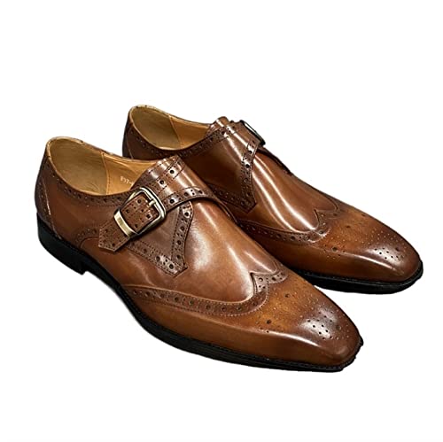 Formal Shoes for Men Slip On Monk Strap Brogue Embossed Wing-tip Square Toe Cowhide Slip Resistant Rubber Sole Low Top Anti-Slip Non Slip Working