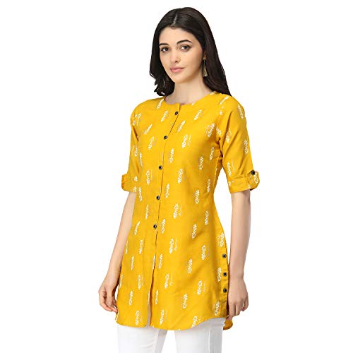 Image of OM SAI LATEST CREATION Slub Rayon Fully Stitched Anarkali Foil Print Kurti for Women & Girls on Jeans Palazzo or Skirt (Plus Size Upto 2XL) (Black)