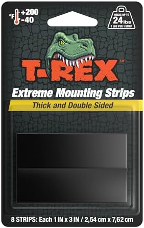 T-REX Tape Extreme Hold Heavy Duty Double Sided Mounting Strips Holds up to 24lbs, 8 Strips each strip is 2.54cm x 7.62cm, Black