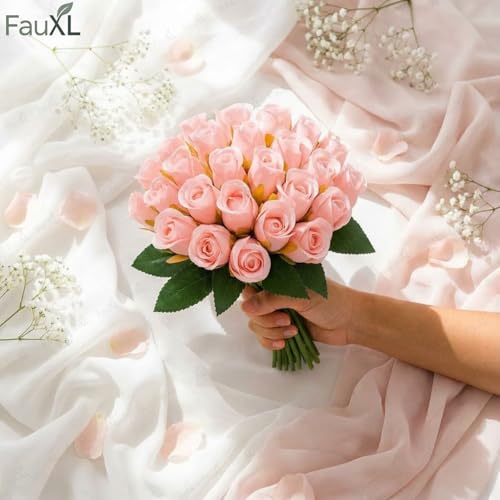 Image of Set of 24 Pcs Artificial Rose Flowers Bunches for Vase - Home Decoration Gift Items for Living Room Corner Table Top Bedroom Wedding (Pot Not Included) - 24 CM (Light Pink)