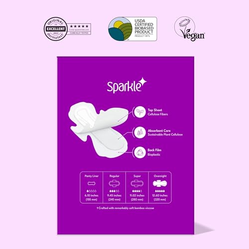 Sparkle Bamboo Maxi Pads | Plant-Based Feminine Hygiene Pads for Women | Super Soft & Leak-Proof with Wings | USDA Certified Biobased, Chlorine-Free, Hypoallergenic Protection | Overnight, 40 Count
