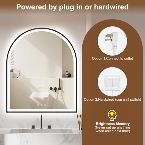 Image of 30.1 inchx36.1 inch Arched LED Mirror for Bathroom,Black Lighted Bathroom Mirror with Lights-Fogless, Dimmable, 3 Color Changing, Shatterproof, Touch Sensor