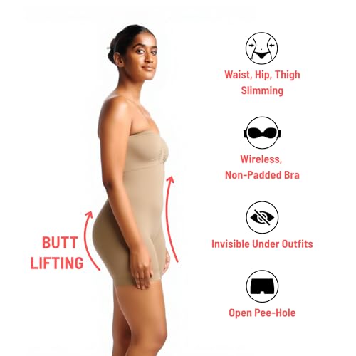 Image of Strapless Shapewear Bodysuit | Tummy Control + Butt Lifting | Seamless Mid-Thigh Shaper | 4 Way Stretch | Detachable Transparent Straps | Tube Dress, Off-Shoulder Outfit
