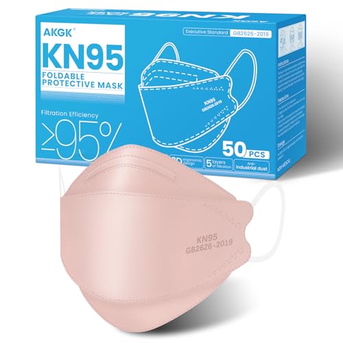 akgk KN95 Face Masks 50 Pack, 5-Ply Disposable Blush Pink Face Mask Against PM 2.5 Smoke and Dust